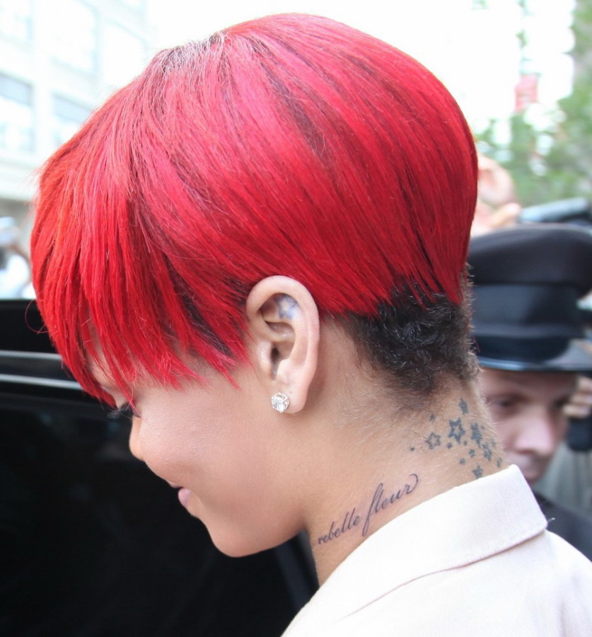 August 11, 2010: Rihanna reveals a new tattoo on her neck reading, "Rebelle Fleur," in New York City. Credit: INFphoto.com Ref: infusny-131/155|sp|